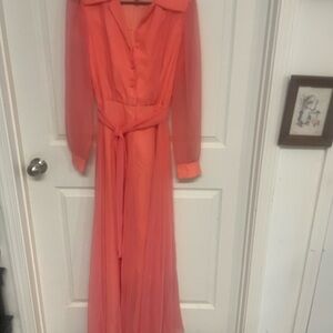 Vintage 70’s Floor Length Coral/Peach Long Sleeve Dress-10-with fixable flaws